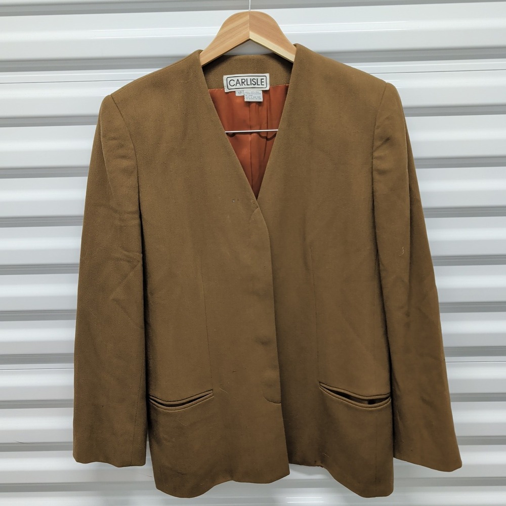 Carlisle Blazer 12 Womens Brown 100% Wool Collarless V-Neck Vintage 90s Jacket — photo 2